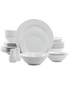 Gibson Home Embossed Ring 32 Piece Round Ceramic Dinnerware Set in White