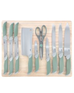 Oster Linbergh 14 Piece Stainless Steel Cutlery and Cutting Board Set in Green with Soft-Grip Handles